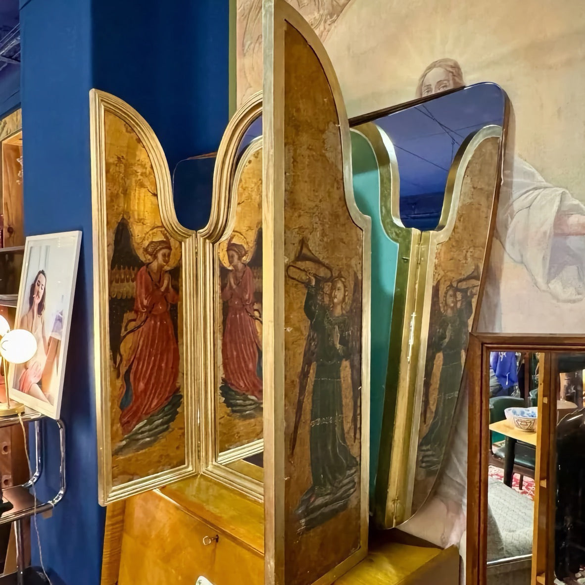 Antique Triptych Mirror with Hand-Painted Angels