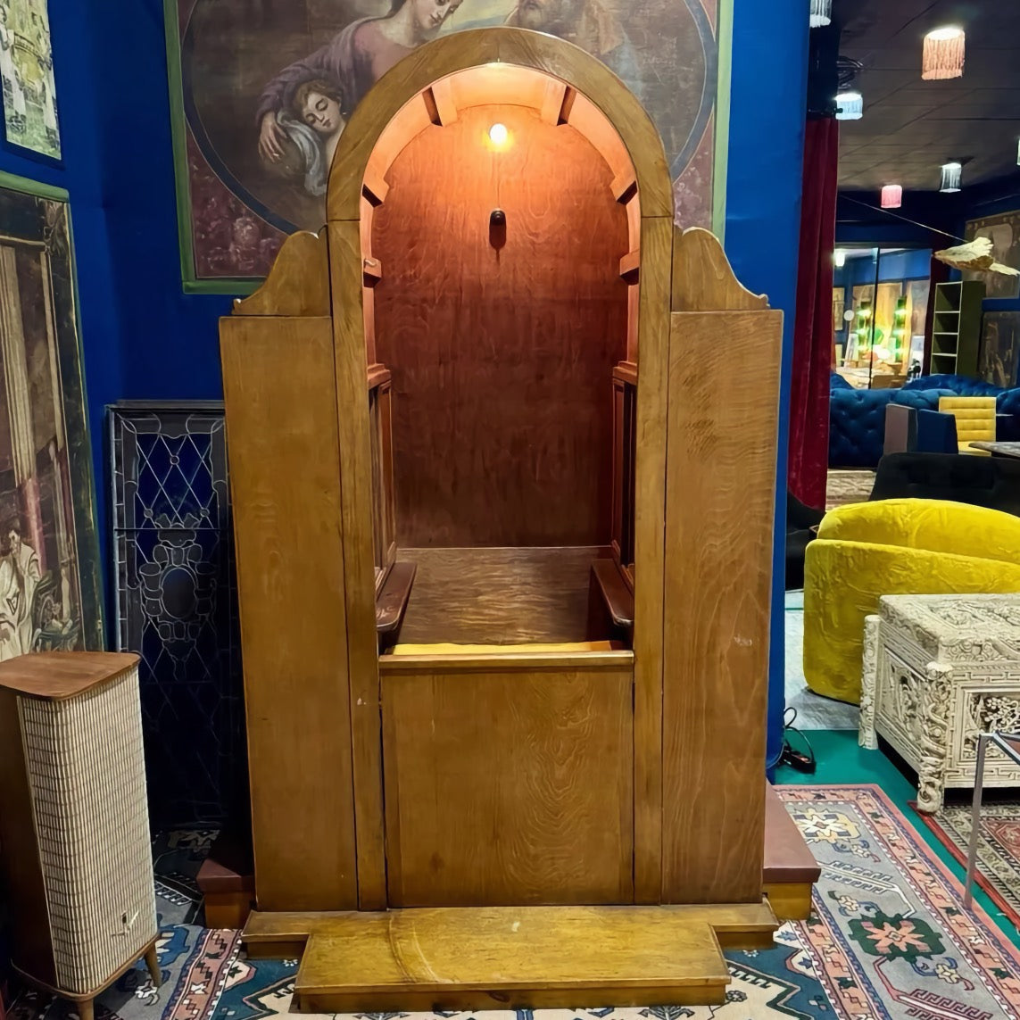 Antique Spanish Wooden Confessional Booth with Light | Vintage Religious Furniture | Unique Decorative Piece