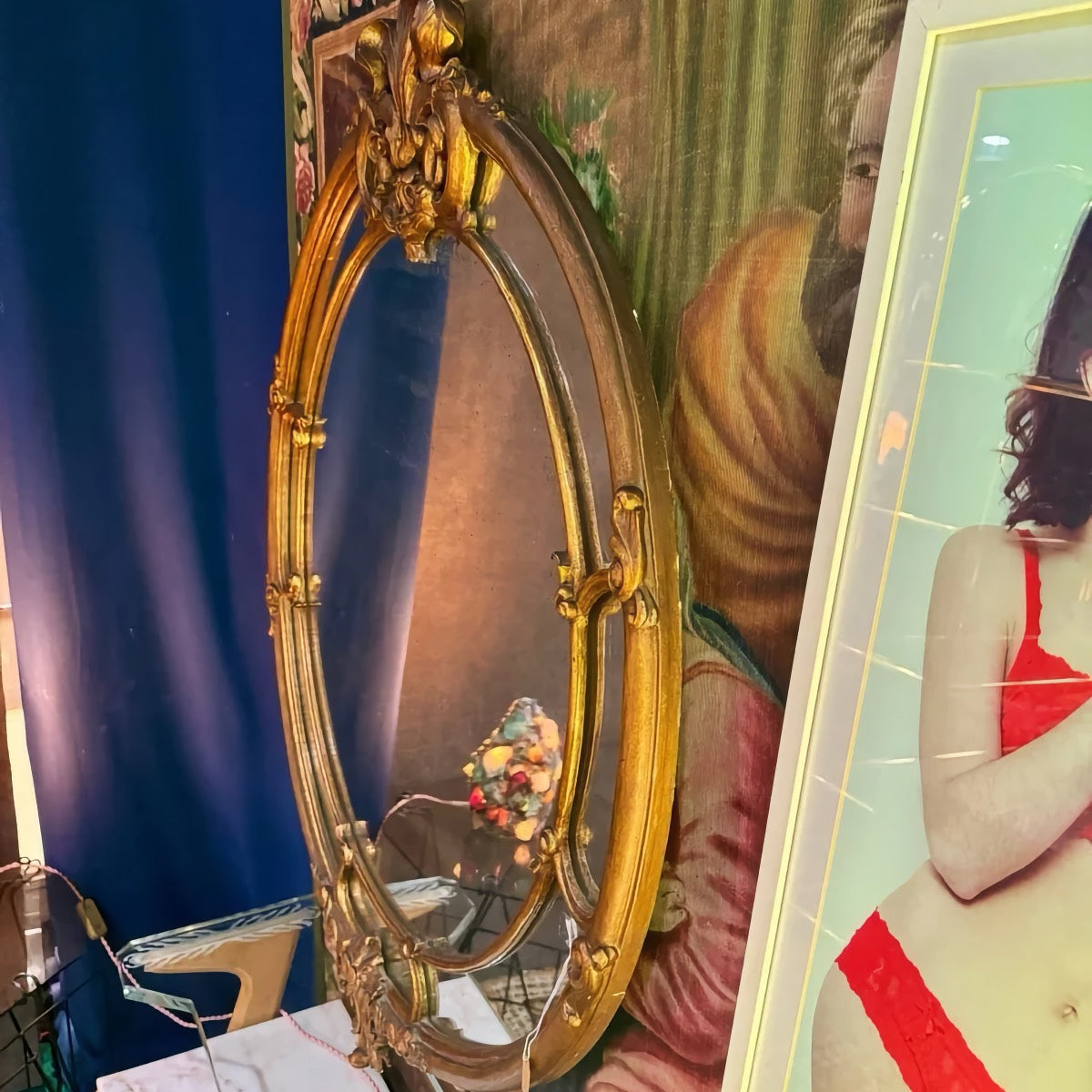 Antique French Round Mirror, Ornate Gold Frame