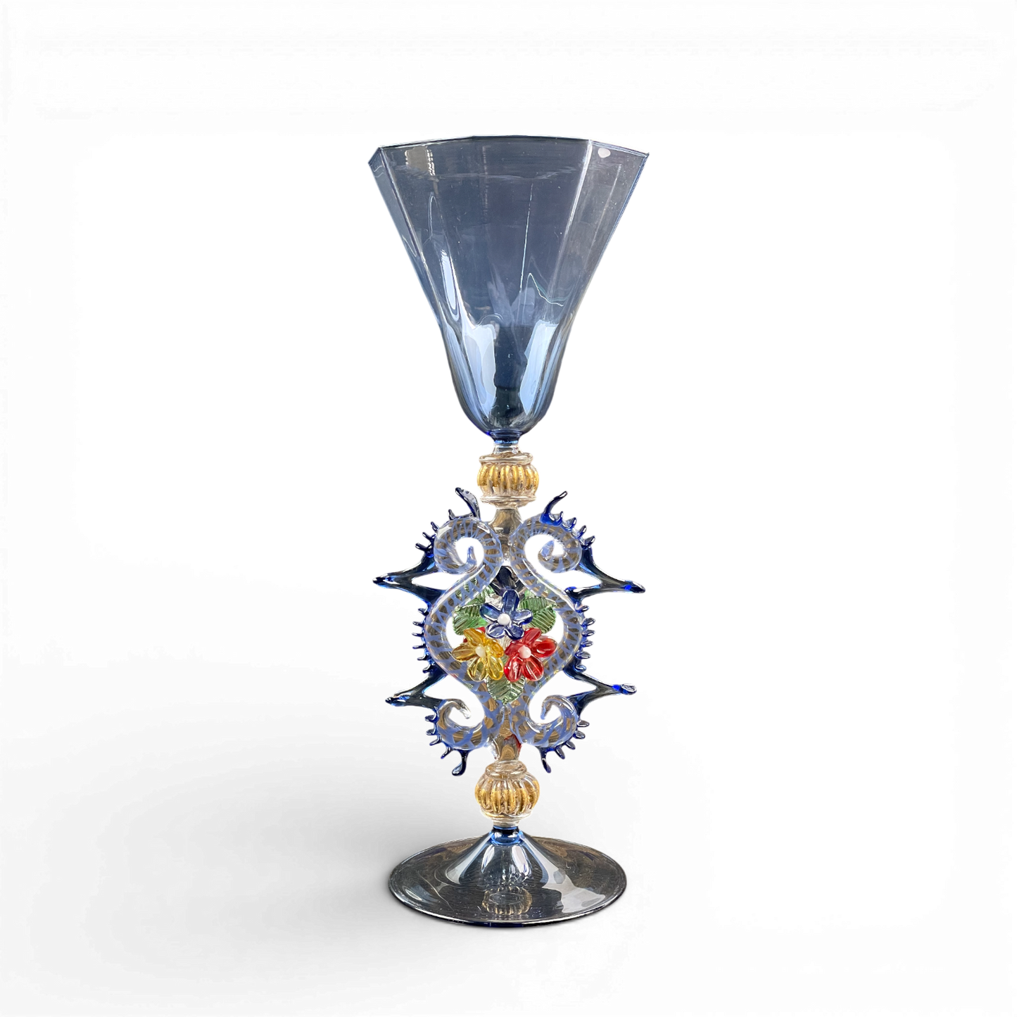 Antique Blue Murano Glass Goblet | Ornate Stem with Flowers | Venetian Art Glass