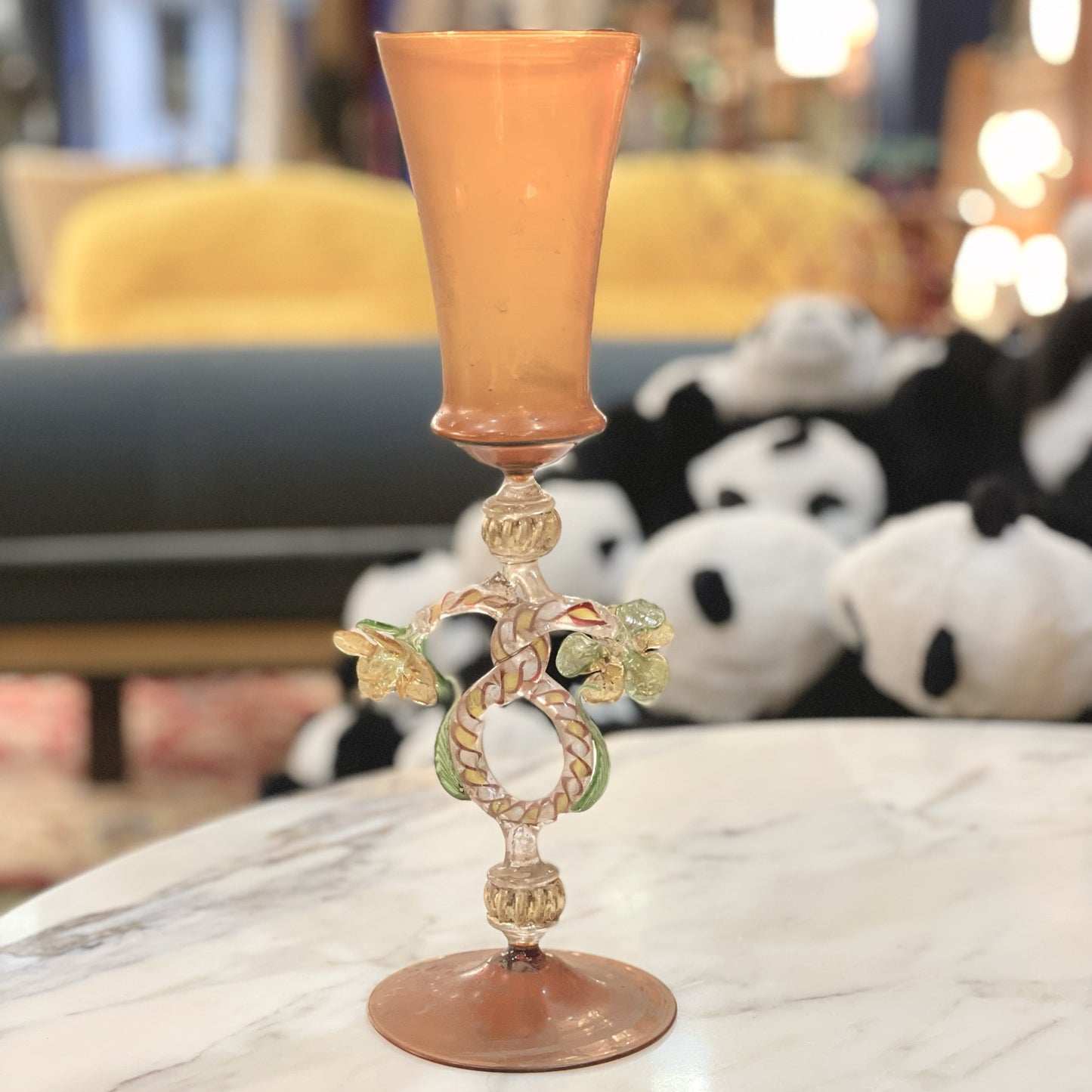 Antique Amber Orange Murano Glass Goblet | Serpent Stem with Flowers | Venetian Vintage
