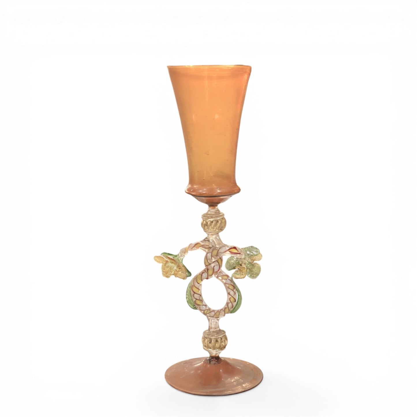 Antique Amber Orange Murano Glass Goblet | Serpent Stem with Flowers | Venetian Vintage
