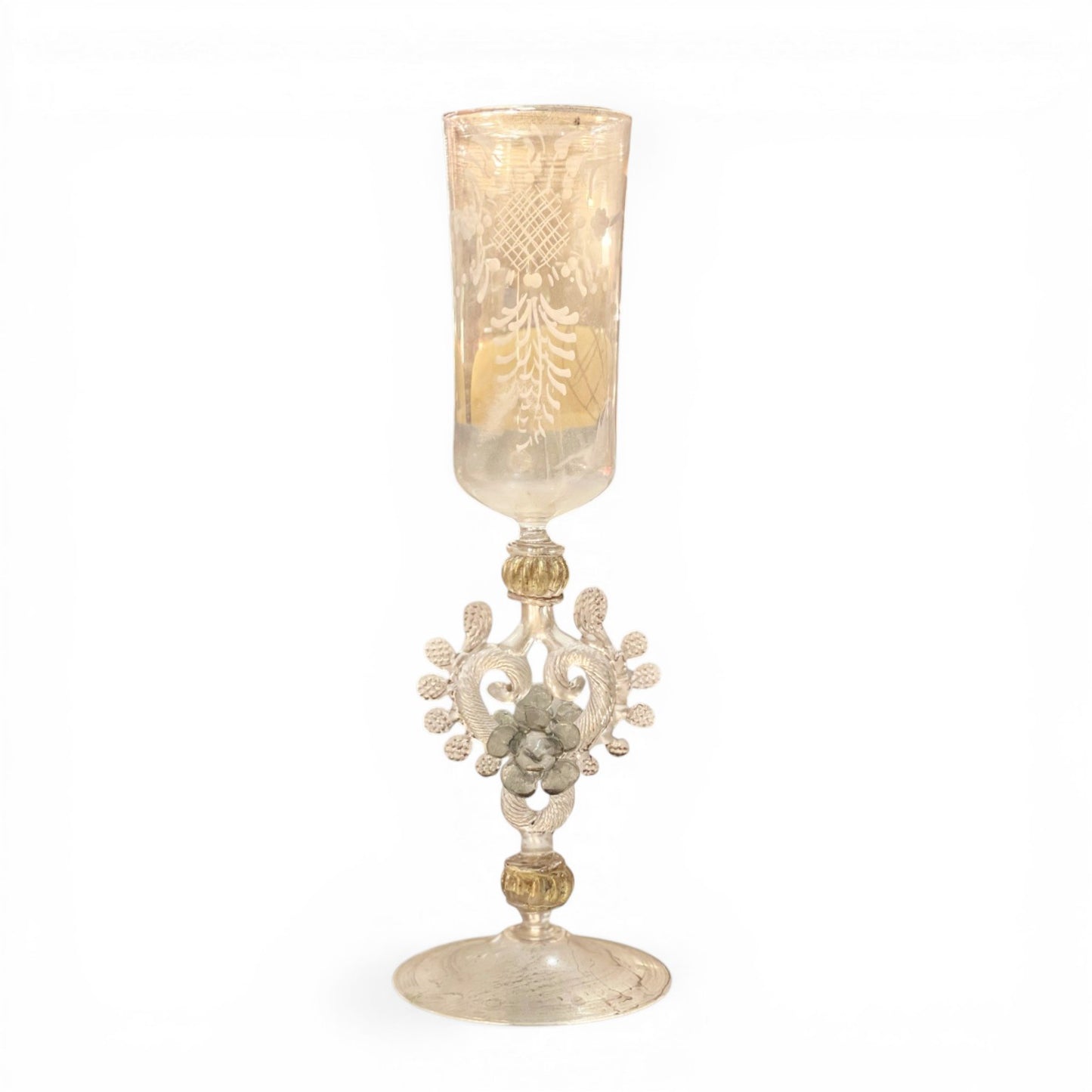 Antique Engraved Murano Glass Goblet | Ornate Stem with Flower | Gold Accents | Venetian Vintage