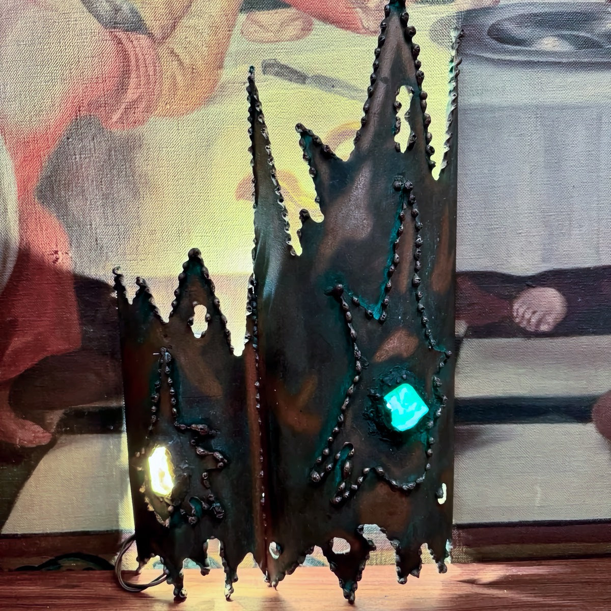 Brutalist brass wall sconce with colored glass, Tom Greene inspired, 1960s