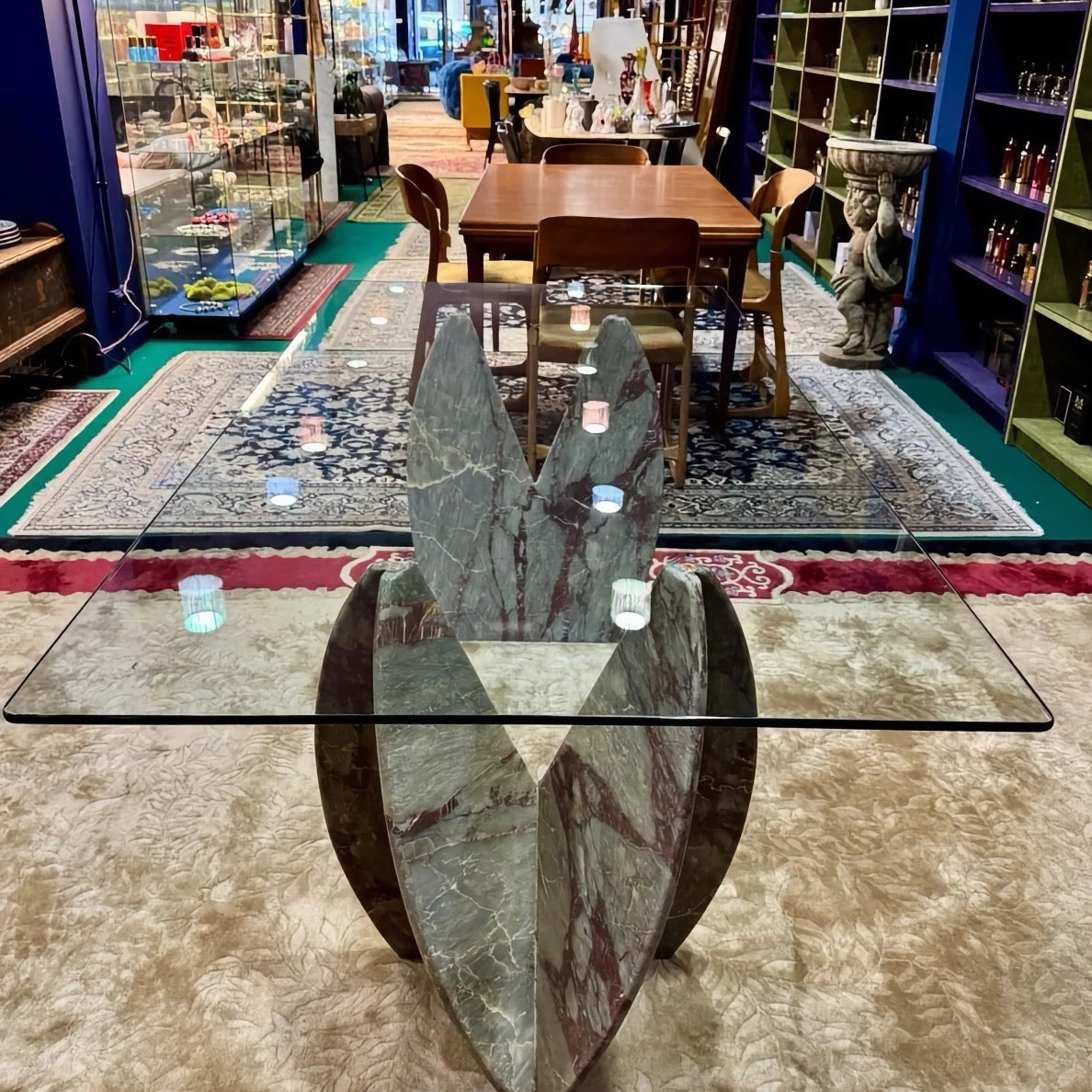 Italian 1980s Marble and Glass Dining Table, Sculptural Stone Bases