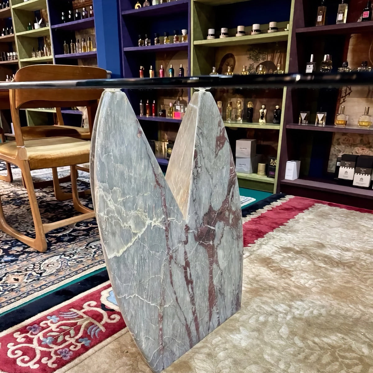 Italian 1980s Marble and Glass Dining Table, Sculptural Stone Bases