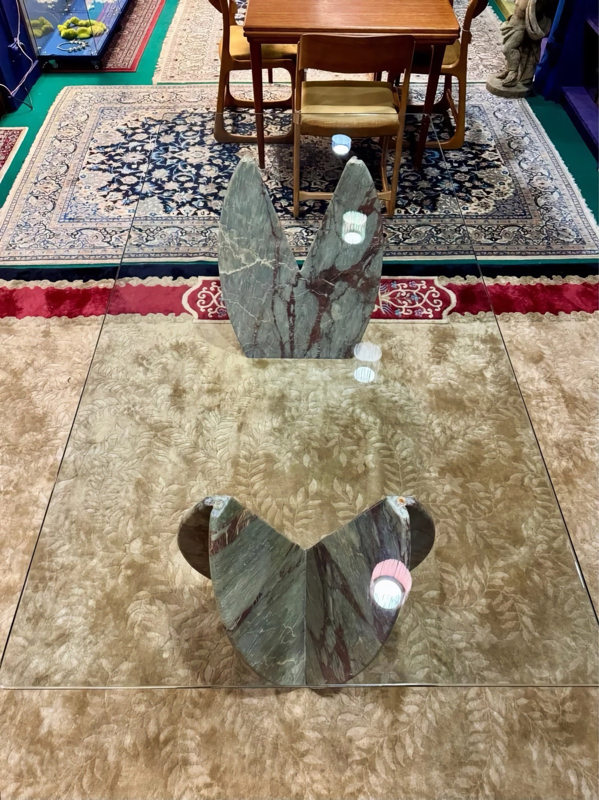 Italian 1980s Marble and Glass Dining Table, Sculptural Stone Bases