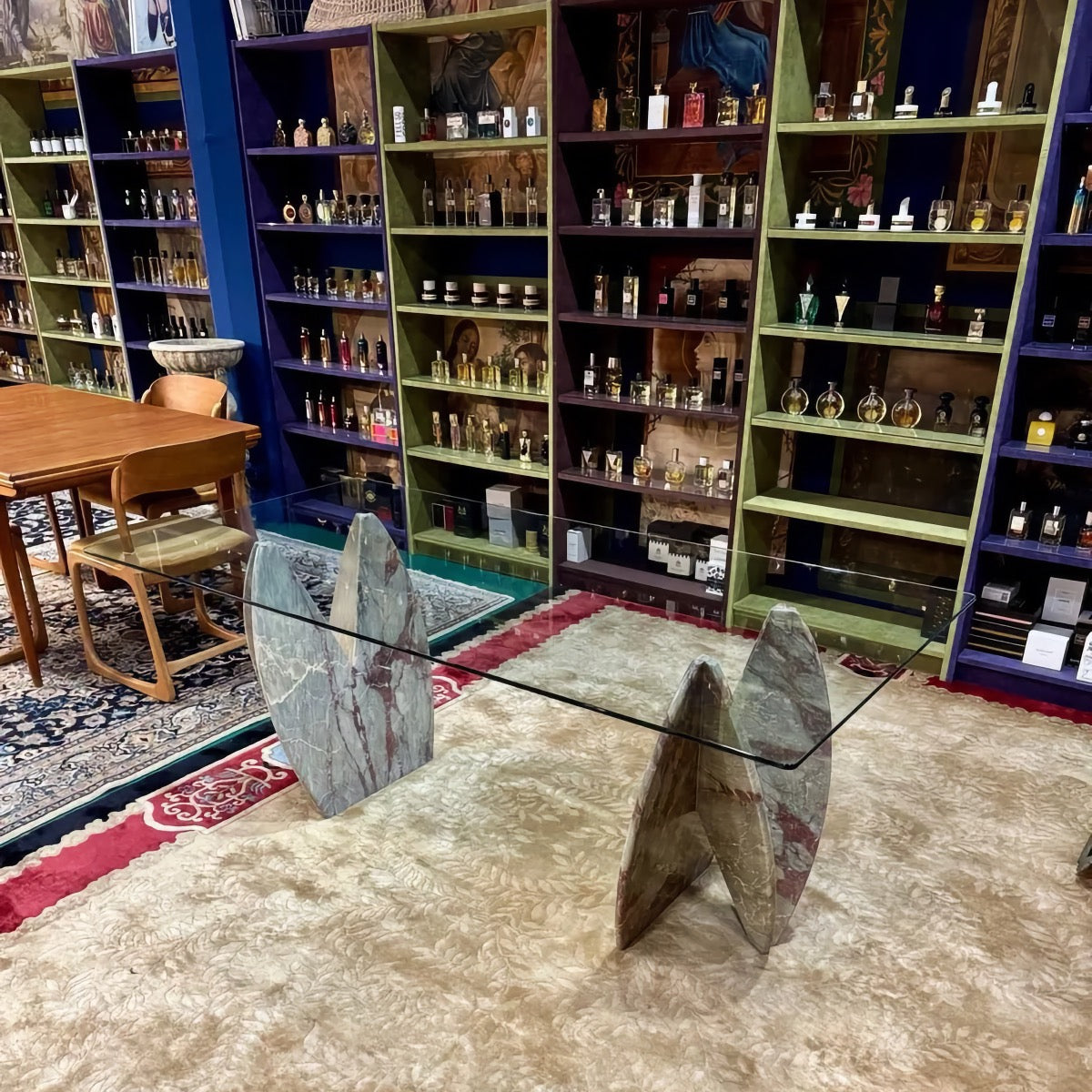 Italian 1980s Marble and Glass Dining Table, Sculptural Stone Bases