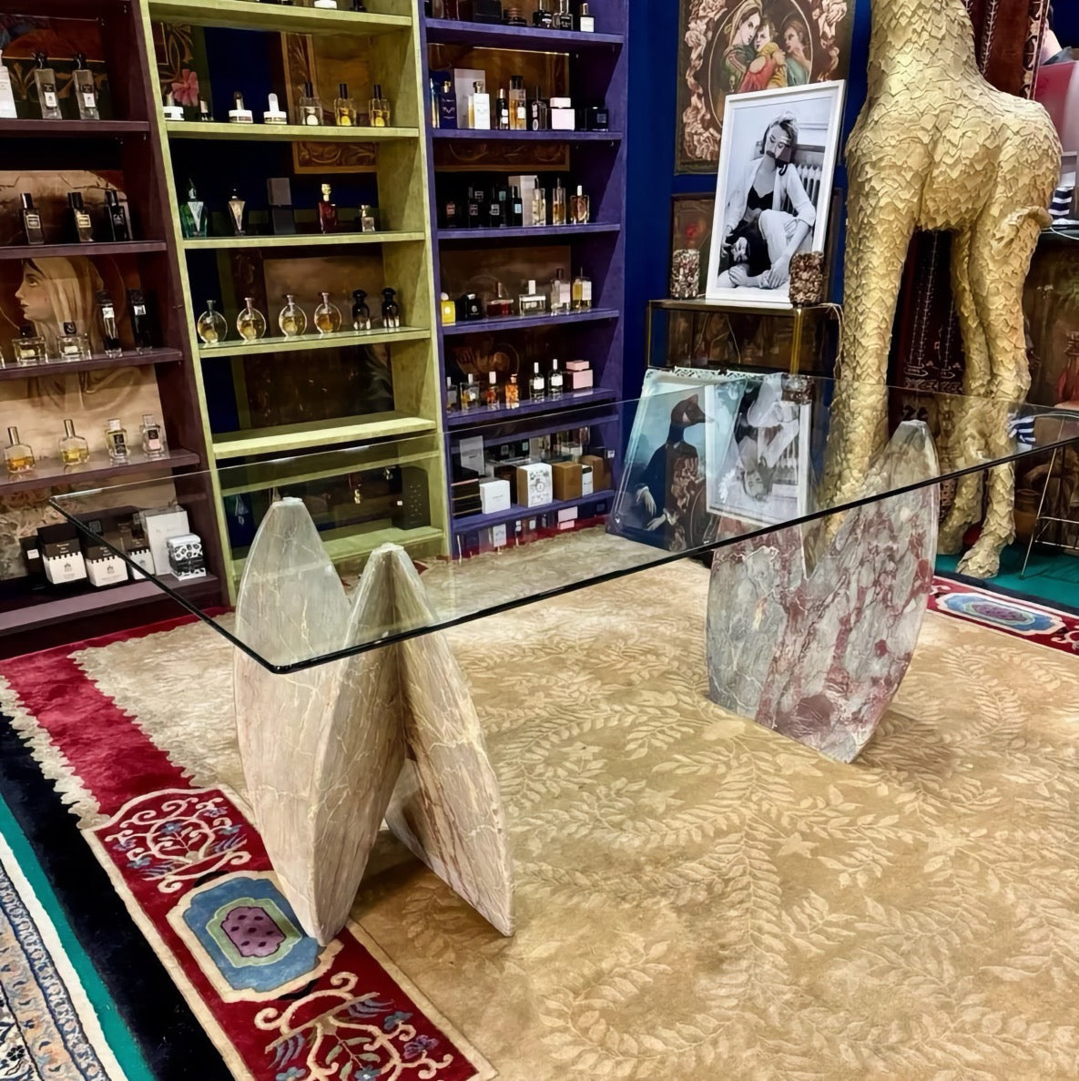 Italian 1980s Marble and Glass Dining Table, Sculptural Stone Bases