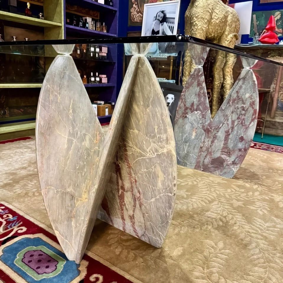 Italian 1980s Marble and Glass Dining Table, Sculptural Stone Bases