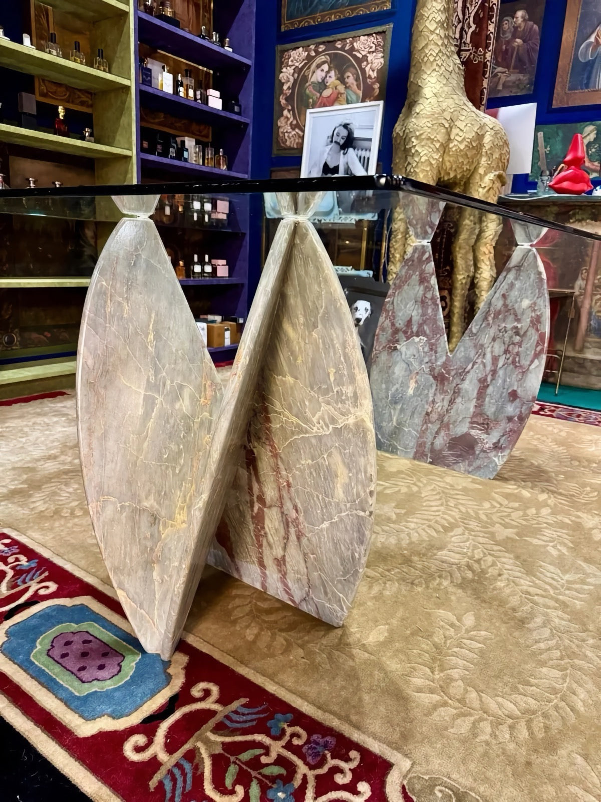 Italian 1980s Marble and Glass Dining Table, Sculptural Stone Bases