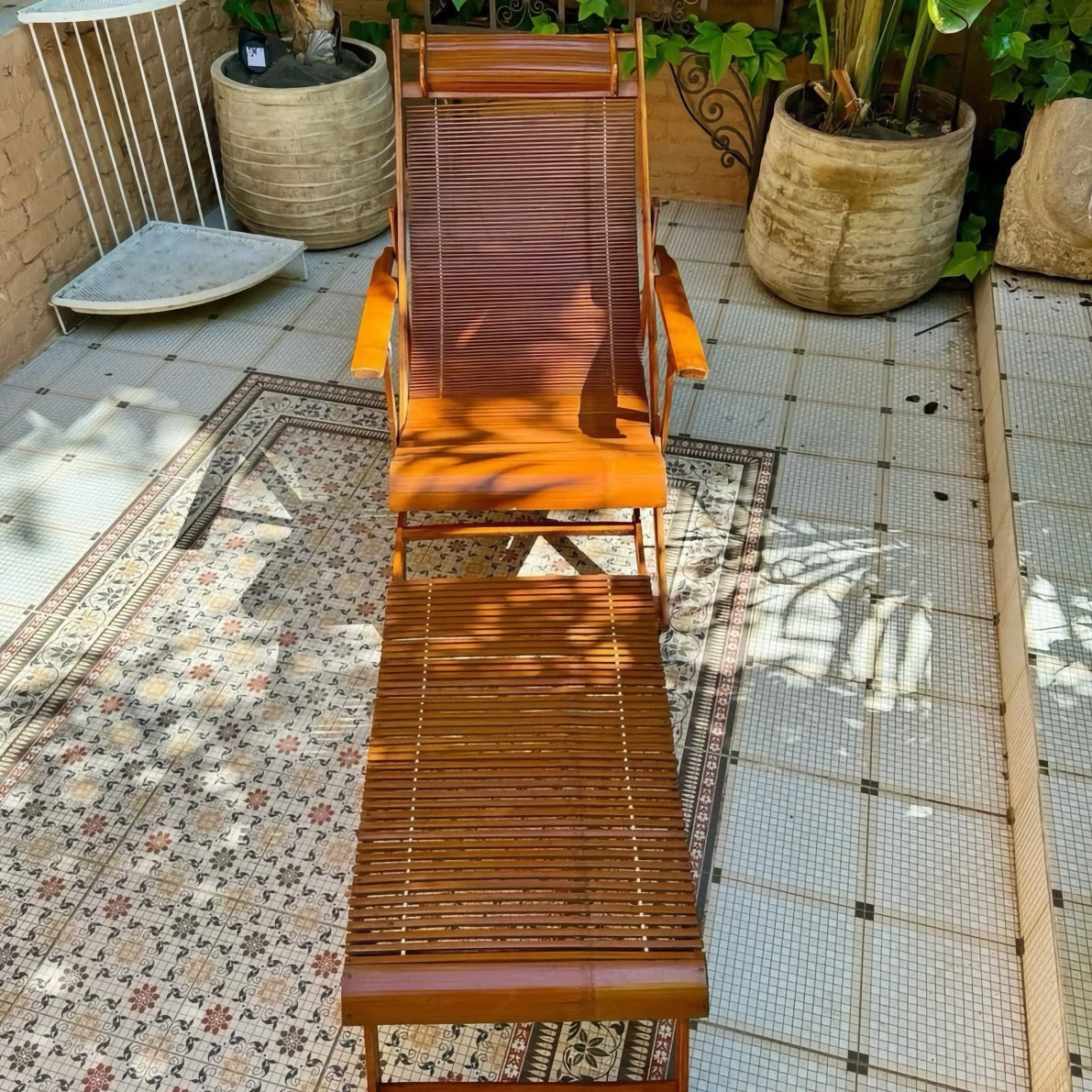 Vintage 1940s Bamboo Folding Chaise Longue with Footstool - Oriental Design