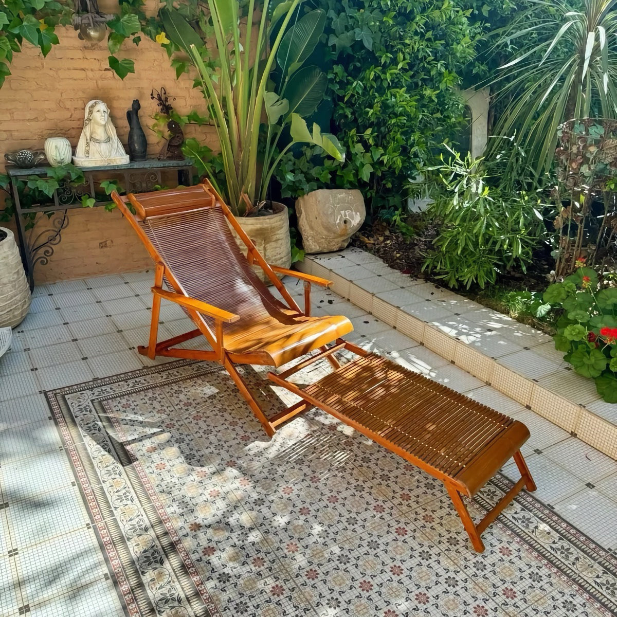 Vintage 1940s Bamboo Folding Chaise Longue with Footstool - Oriental Design
