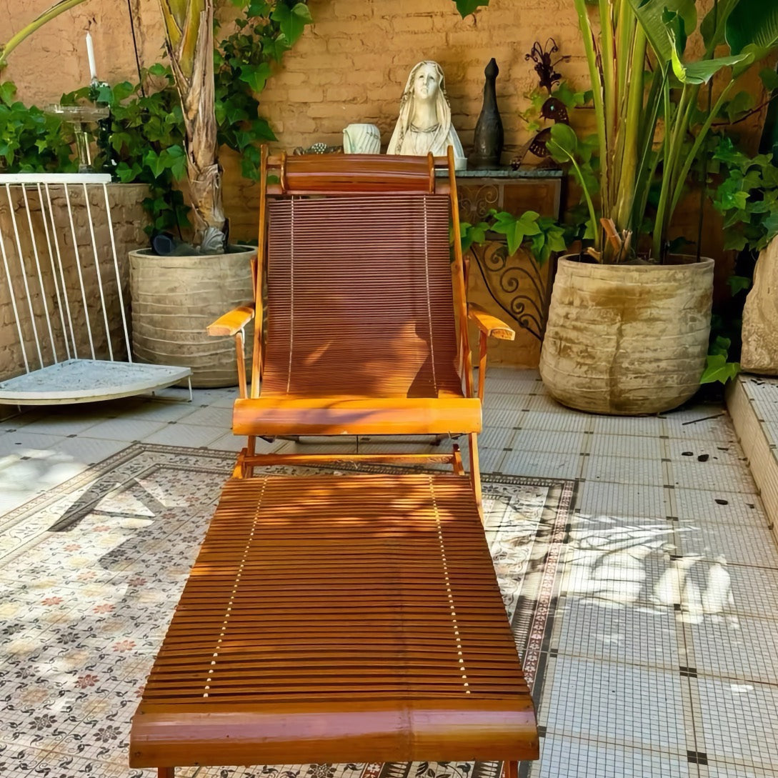 Vintage 1940s Bamboo Folding Chaise Longue with Footstool - Oriental Design