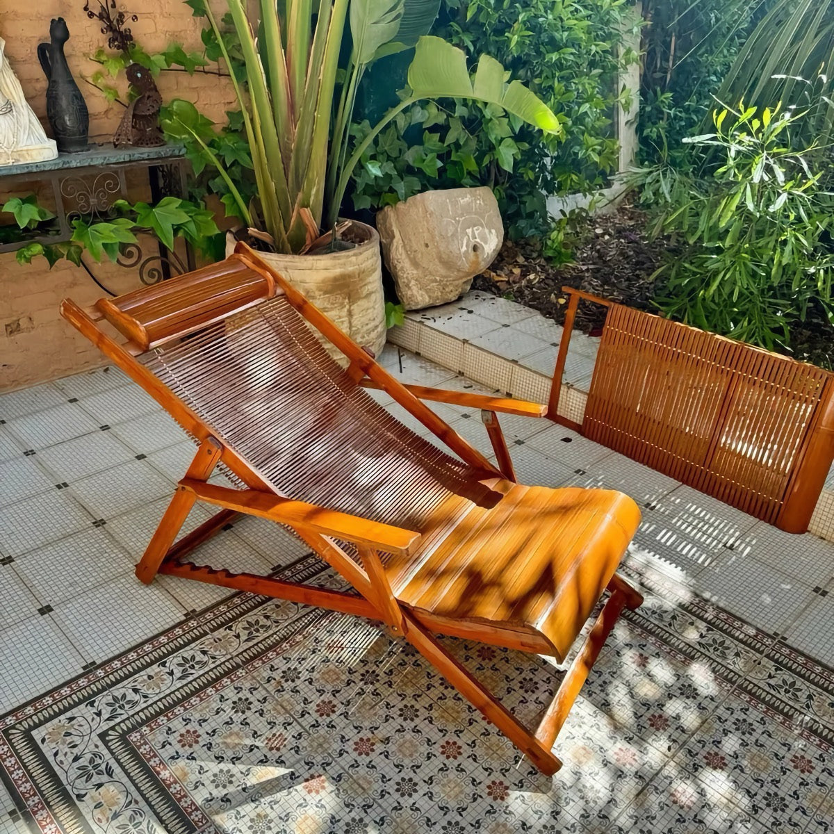 Vintage 1940s Bamboo Folding Chaise Longue with Footstool - Oriental Design