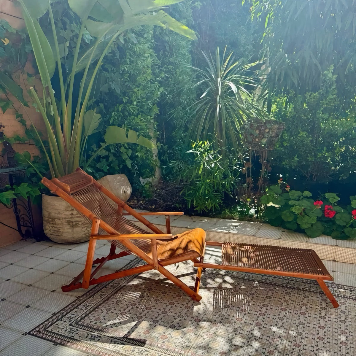 Vintage 1940s Bamboo Folding Chaise Longue with Footstool - Oriental Design