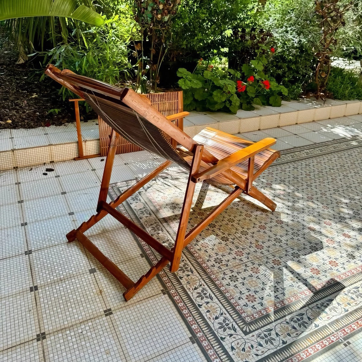 Vintage 1940s Bamboo Folding Chaise Longue with Footstool - Oriental Design