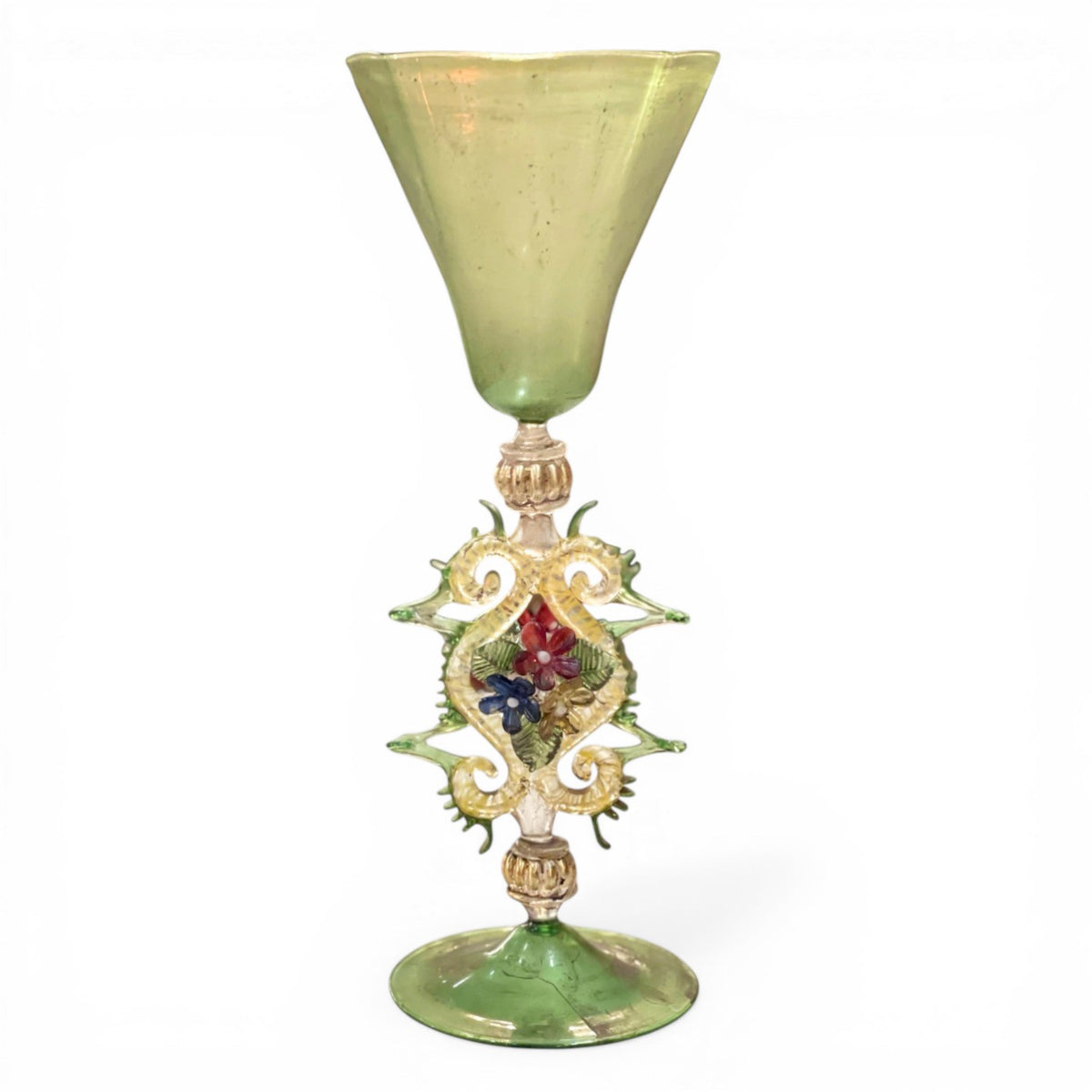 Antique Handblown Green Murano Glass Goblet | Ornate Floral Stem | Venetian Style