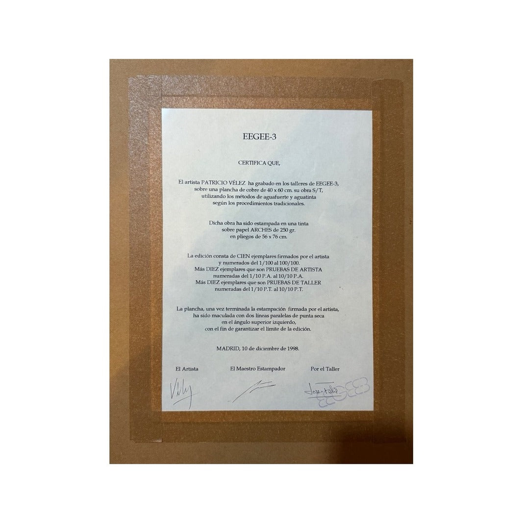 Certificado del grabado de Patricio Vélez con datos de edición y firmas manuscritas