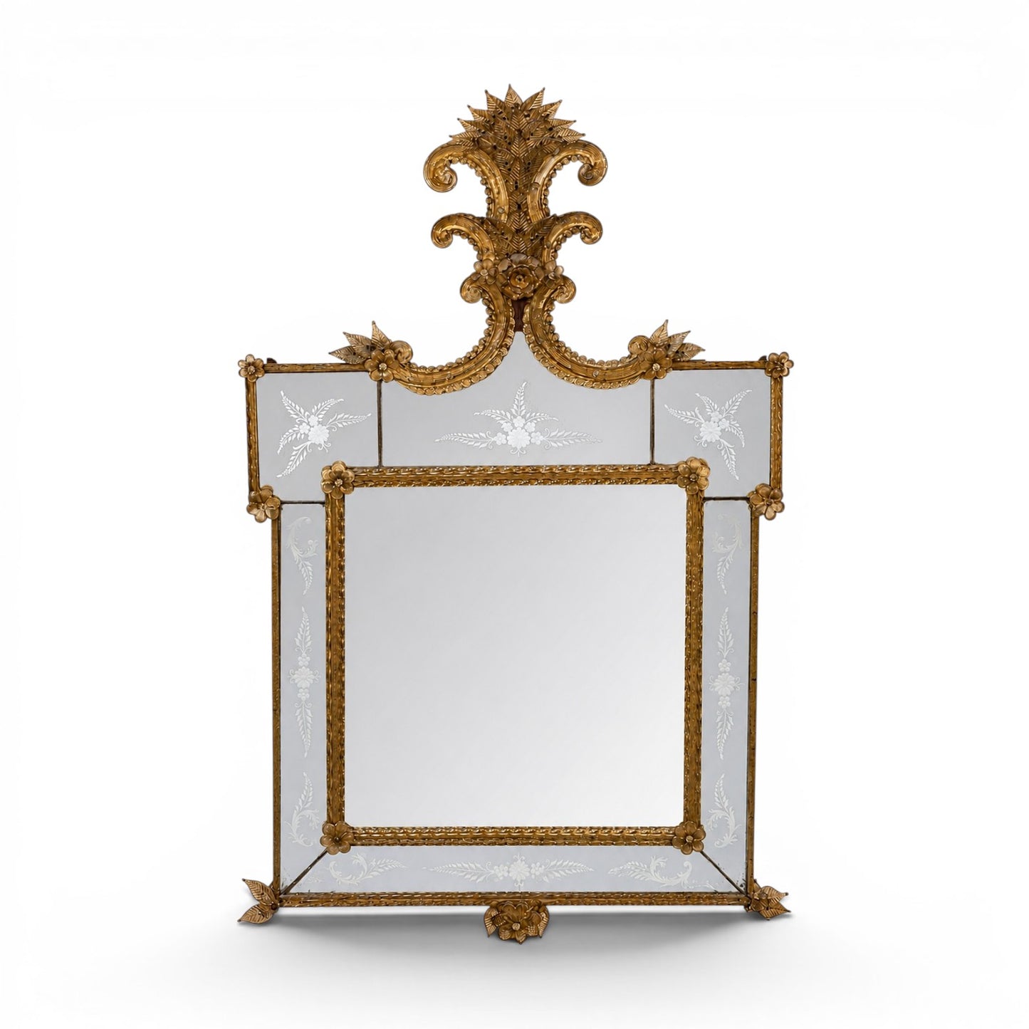 Vintage rectangular Venetian style wall mirror with etched panels and a floral crest made of yellow smoked glass.