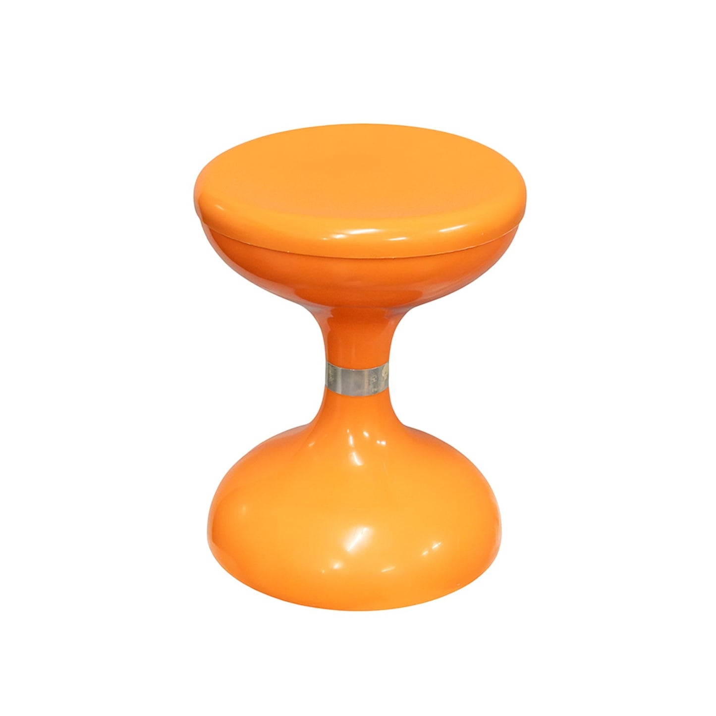 La Basilica Galeria orange molded plastic stool with hourglass silhouette and metallic accent band. Mid-century modern design.