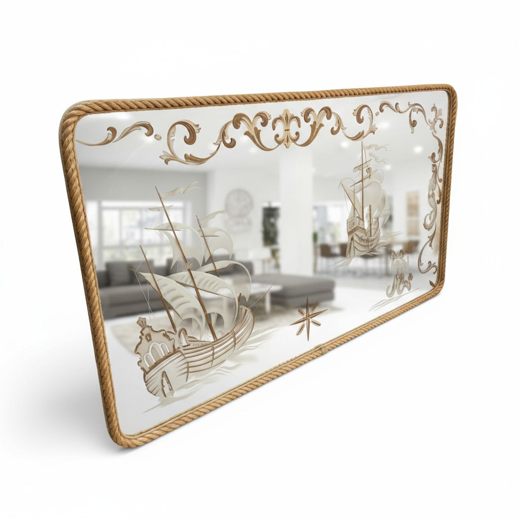 Mid-Century Rectangular Mirror with Rope Frame and Maritime Scenes