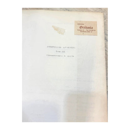 Página interior de Investigación Astrológica, Tomo III, con sello de Librería Occitania y tema circunstancias de muerte