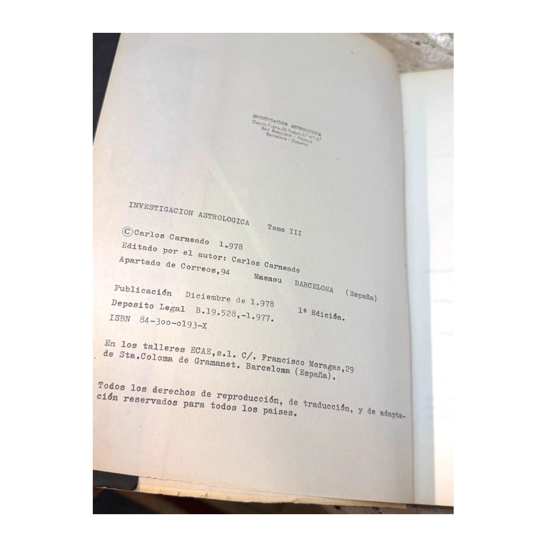 Página de créditos de Investigación Astrológica, Tomo III, con fecha de publicación diciembre de 1978