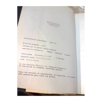 Página de créditos de Investigación Astrológica, Tomo III, con fecha de publicación diciembre de 1978