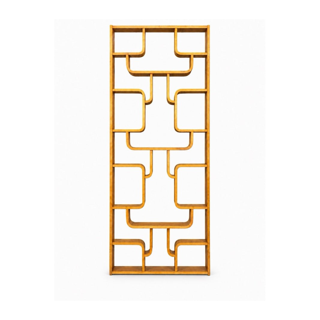 Estantería de Ludvik Volak en madera curvada, vista frontal del patrón modular de estantes