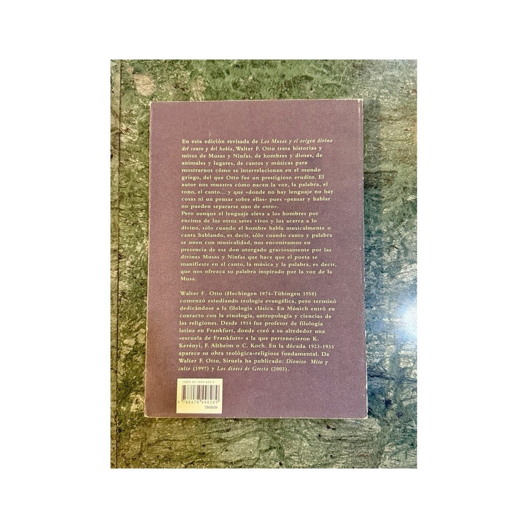 Contraportada del libro de Walter F. Otto con texto editorial y código de barras sobre piedra