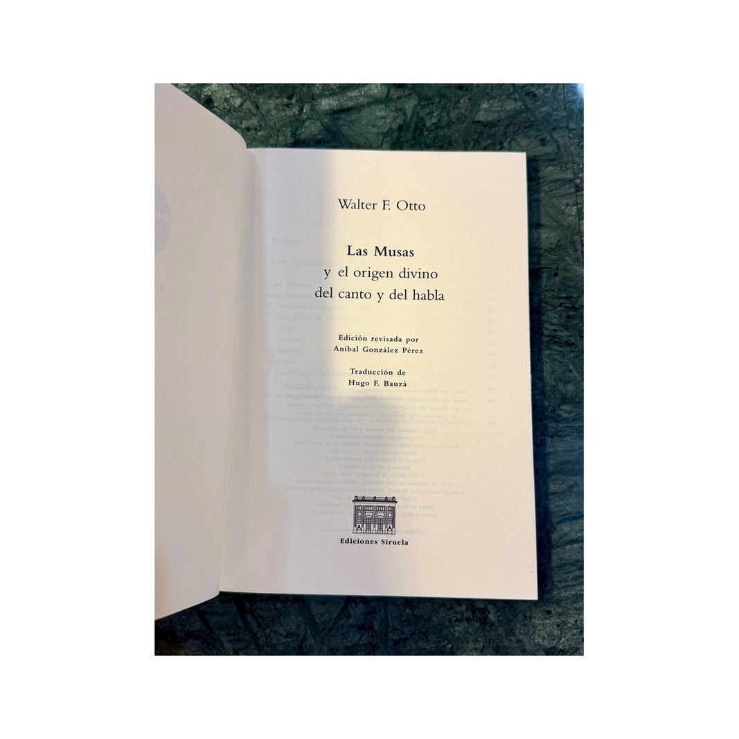 Página de título de Las Musas y el origen divino del canto y del habla de Walter F. Otto, edición de Siruela