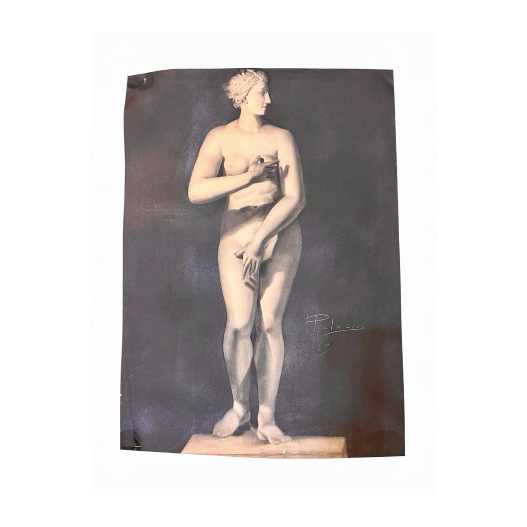 Dibujo a carboncillo de la Venus de Médici de pie sobre fondo oscuro, firmado Palacios en la esquina inferior derecha