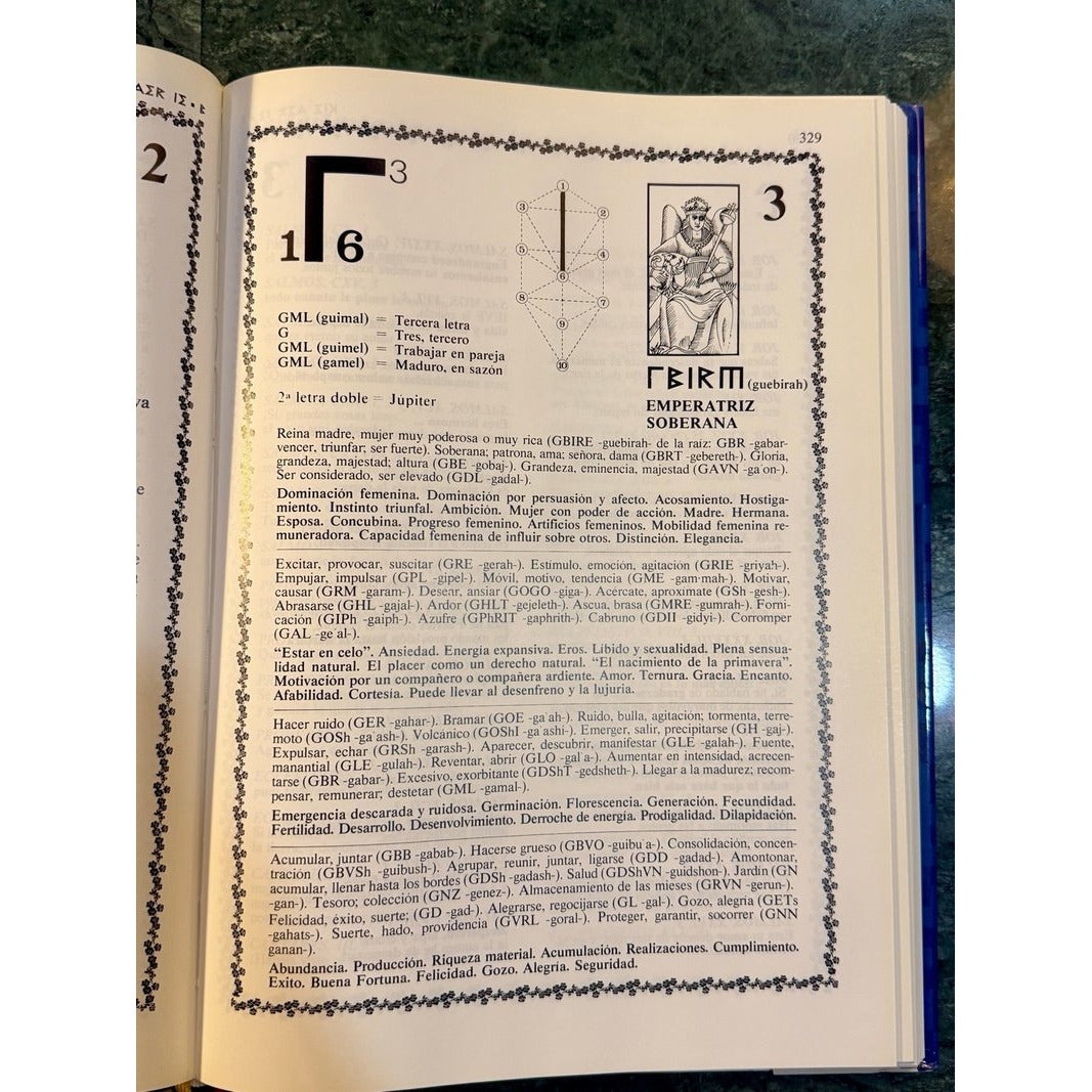 Interior libro abierto doble página texto Emperatriz diagramas geométricos numerología