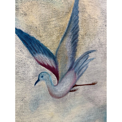 Detalle de ave acuática en vuelo con alas azules y grises, técnica óleo en biombo vintage Maitland-Smith