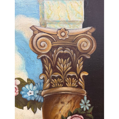 Detalle de columna corintia dorada con volutas y motivos vegetales, pintura al óleo en biombo vintage Maitland-Smith