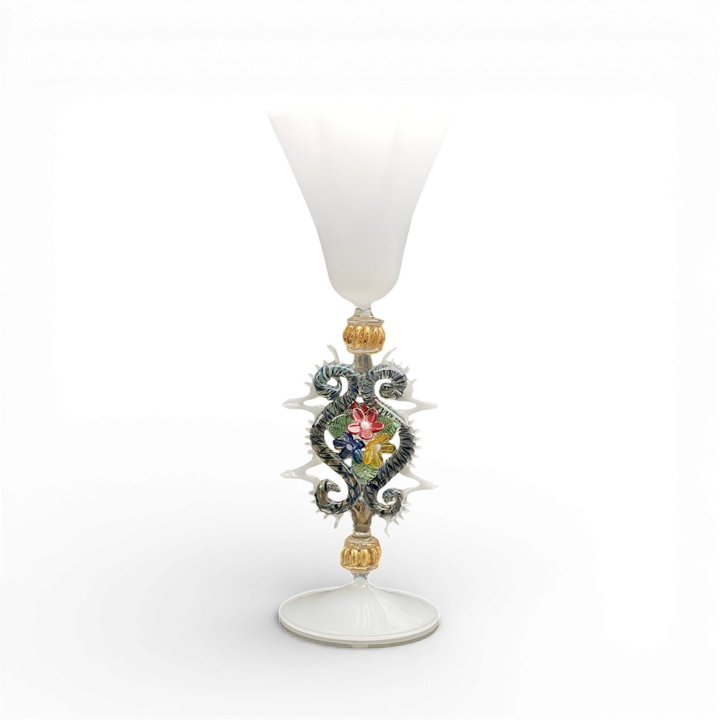 Antique white Murano Glass Goblet | Ornate Stem with Flowers | Venetian Art Glass (Copia)