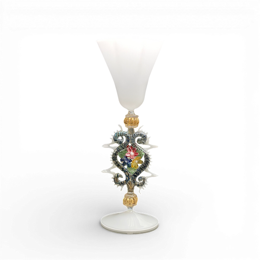 Antique white Murano Glass Goblet | Ornate Stem with Flowers | Venetian Art Glass (Copia)
