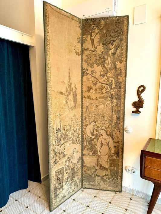 Large Antique Wooden Screen Classic Tapestry Room Divider