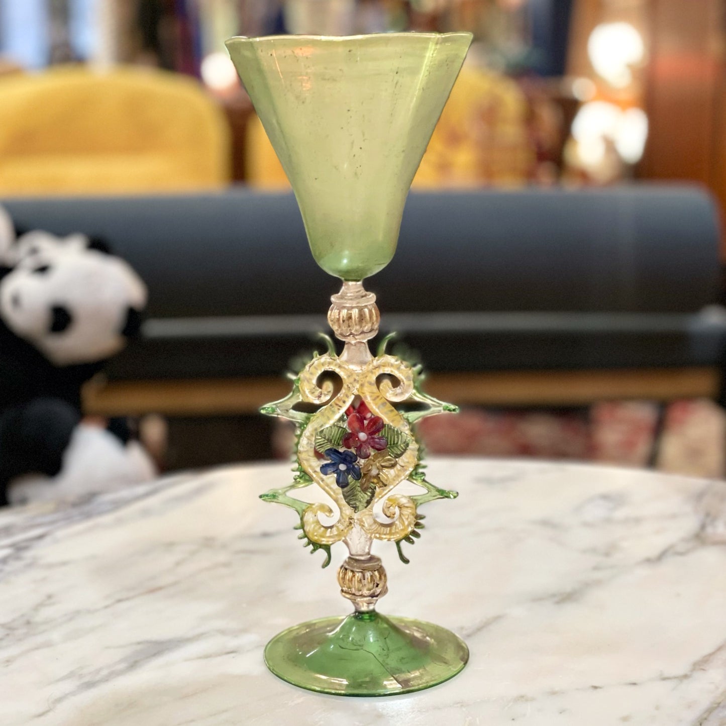 Antique Handblown Green Murano Glass Goblet | Ornate Floral Stem | Venetian Style