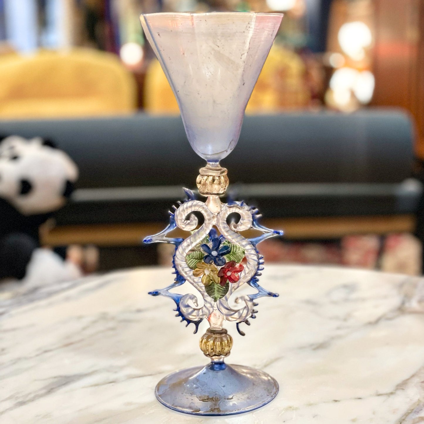 Antique Blue Murano Glass Goblet | Ornate Stem with Flowers | Venetian Art Glass