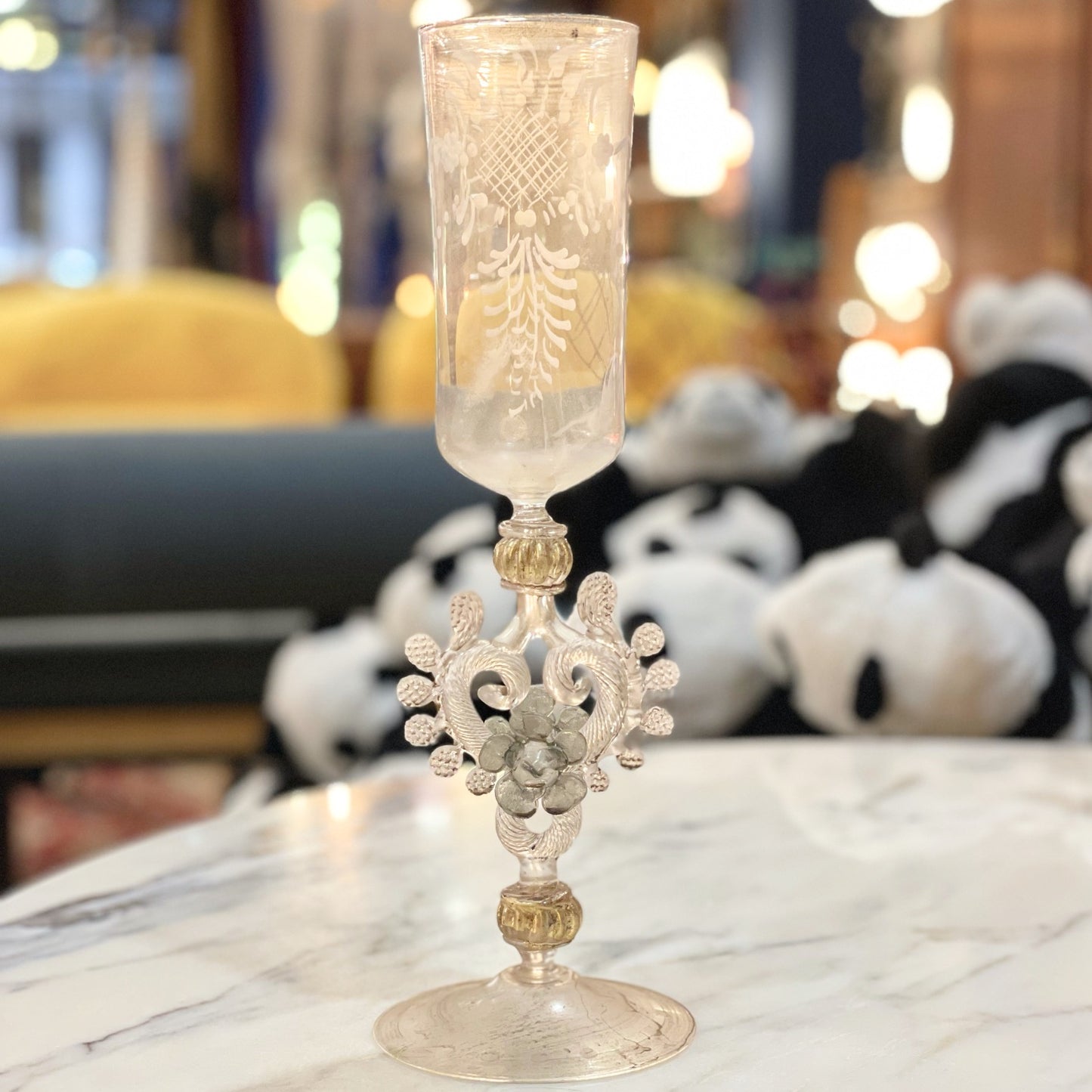 Antique Engraved Murano Glass Goblet | Ornate Stem with Flower | Gold Accents | Venetian Vintage