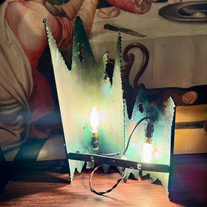 Brutalist brass wall sconce with colored glass, Tom Greene inspired, 1960s