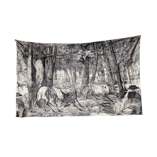 Tela vintage impresión "Primavera, ciervos luchando" de Gustave Courbet, años 80