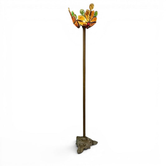 La Basilica Galeria Art Nouveau stained glass floor lamp with floral design shade in amber and green, brass finish stem and ornate base.