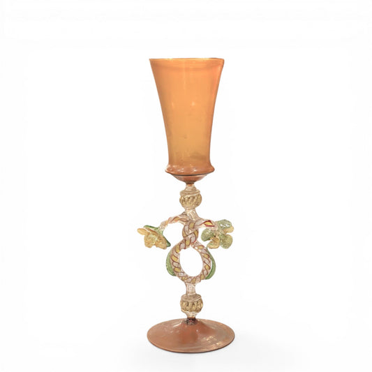 Antique Amber Orange Murano Glass Goblet | Serpent Stem with Flowers | Venetian Vintage