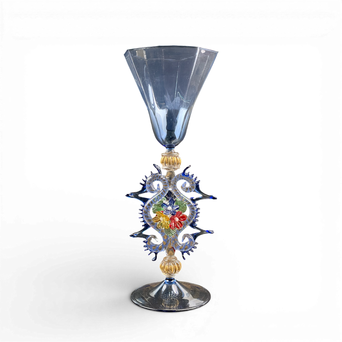 Antique Blue Murano Glass Goblet | Ornate Stem with Flowers | Venetian Art Glass