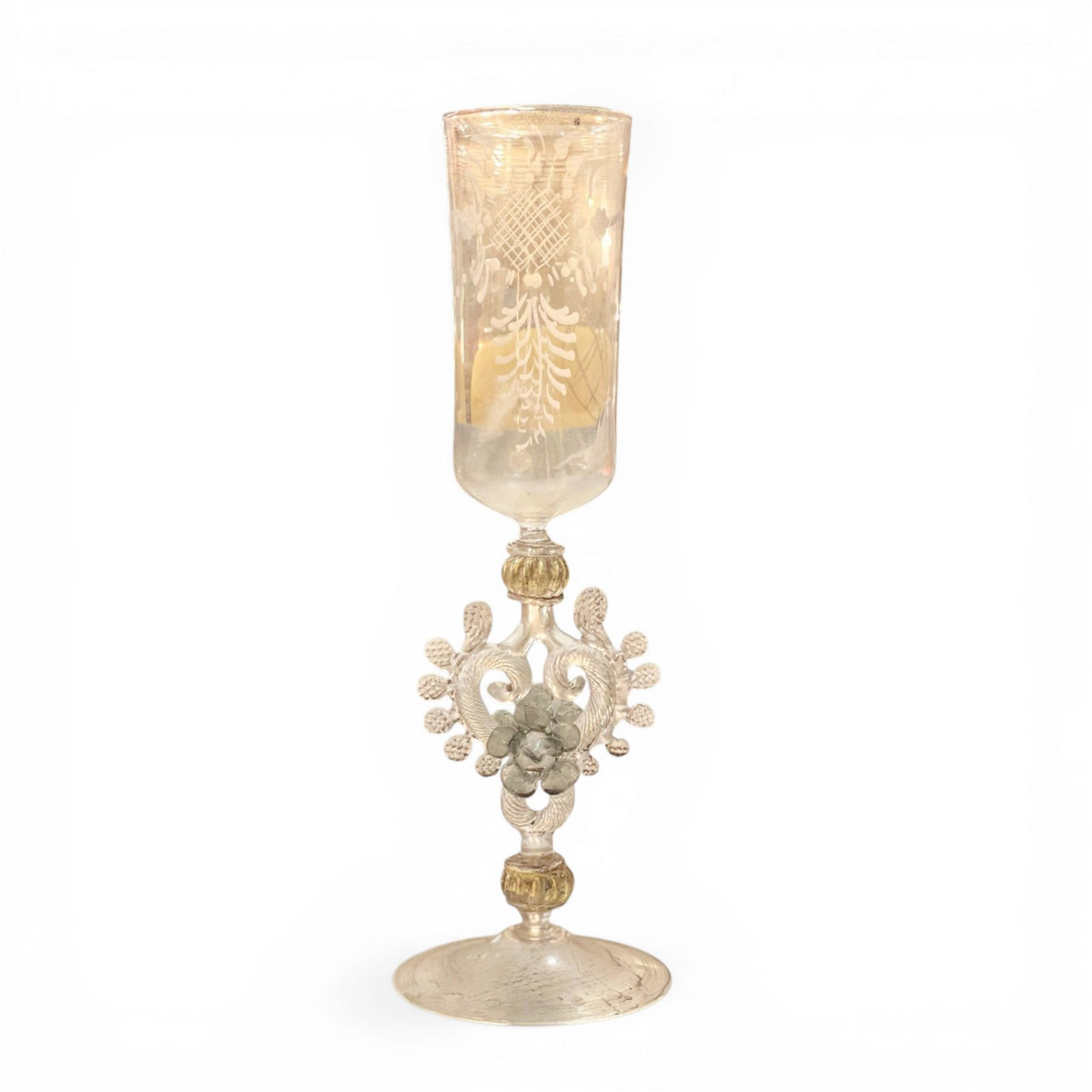 Antique Engraved Murano Glass Goblet | Ornate Stem with Flower | Gold Accents | Venetian Vintage