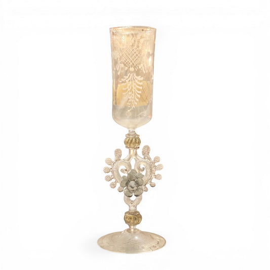 Antique Engraved Murano Glass Goblet | Ornate Stem with Flower | Gold Accents | Venetian Vintage