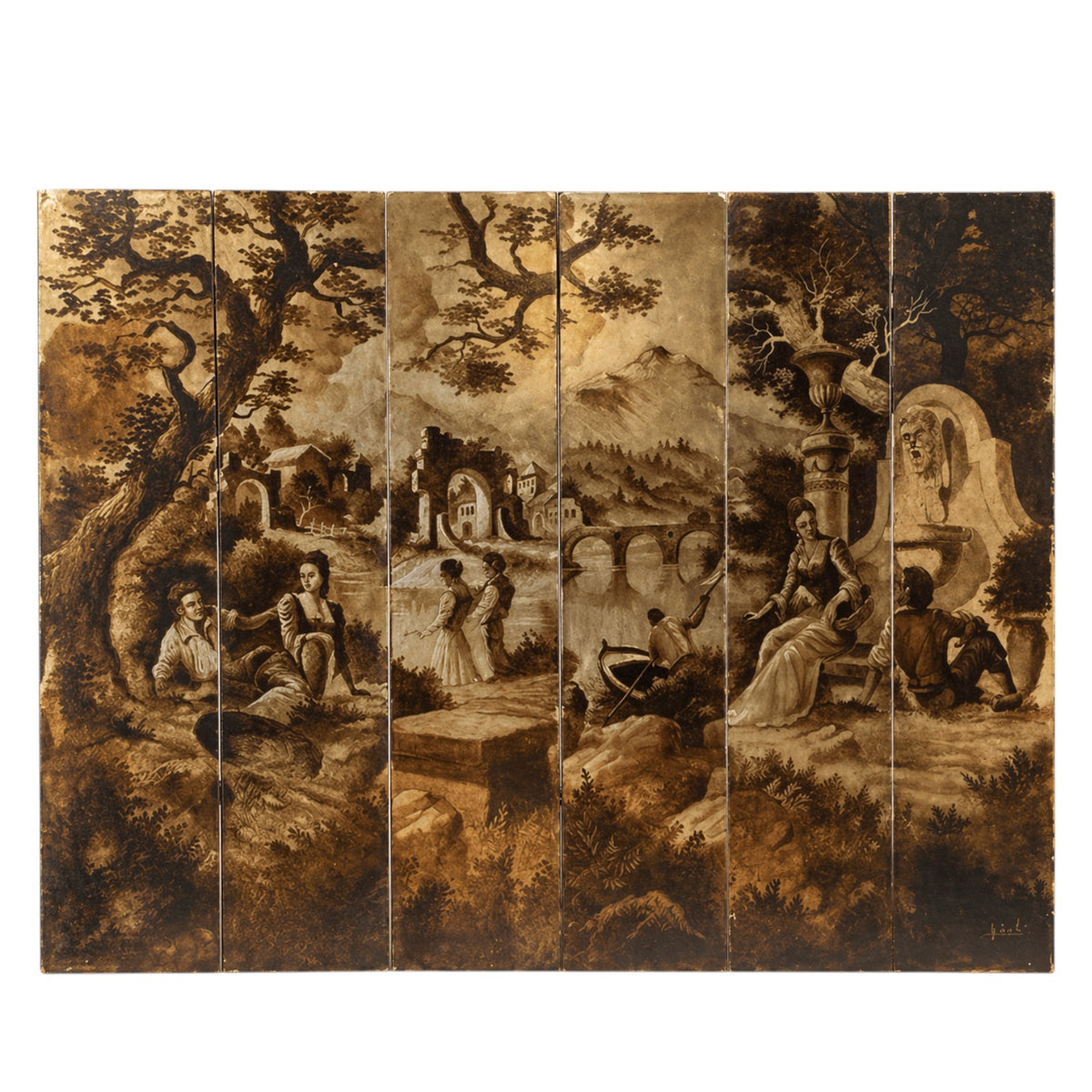 Mural monumental de seis paneles de madera pintado a mano con paisajes neoclásicos y figuras pastorales en tonos sepia, firmado por Paxdo.
